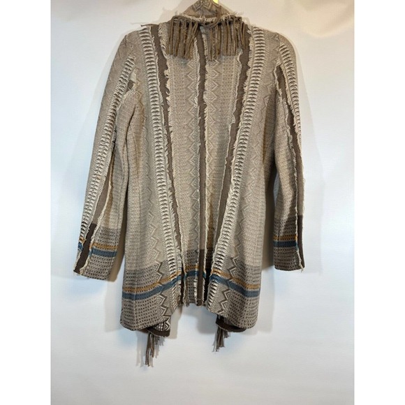 Nic + Zoe Open Front Drape Cardigan Fringe Print Brown size S Womens Aztec D28 - Picture 5 of 6